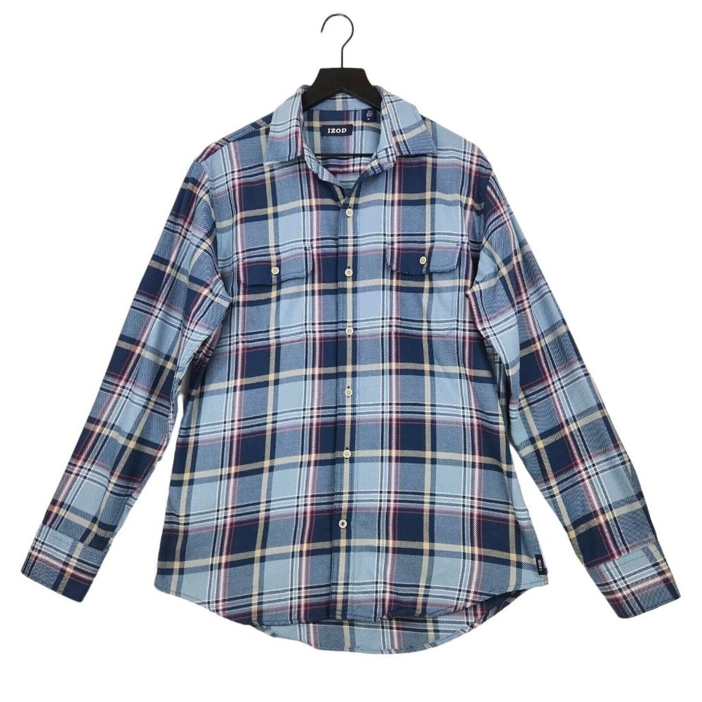 IZOD Button Down Shirt Mens Size M Blue Plaid Long Sleeve Western Casual Pockets